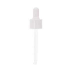 White PP dropper DIN 18, white silicone bulb, glass tube 78 mm